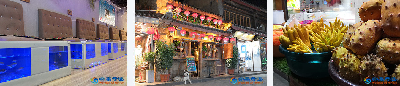 Dali ancient town with fish aquarium and bar and fruit shop