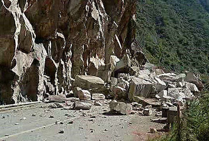 landslide with big rocks destroyed road in the tiger leaping gorge yunnan china