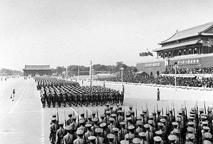 soldiers march at the national day parade on tiananmen square on its first anniversary in 1950