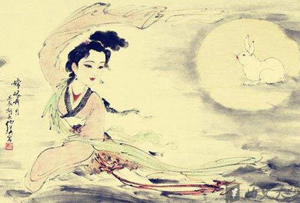 a painting of Chang'e the goddess of the moon and the jade rabbit living on the moon