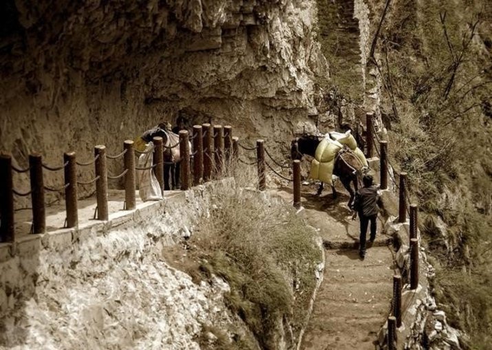 ancient tea horse narrow old trail with through mountains taken by travellers with horses and mules